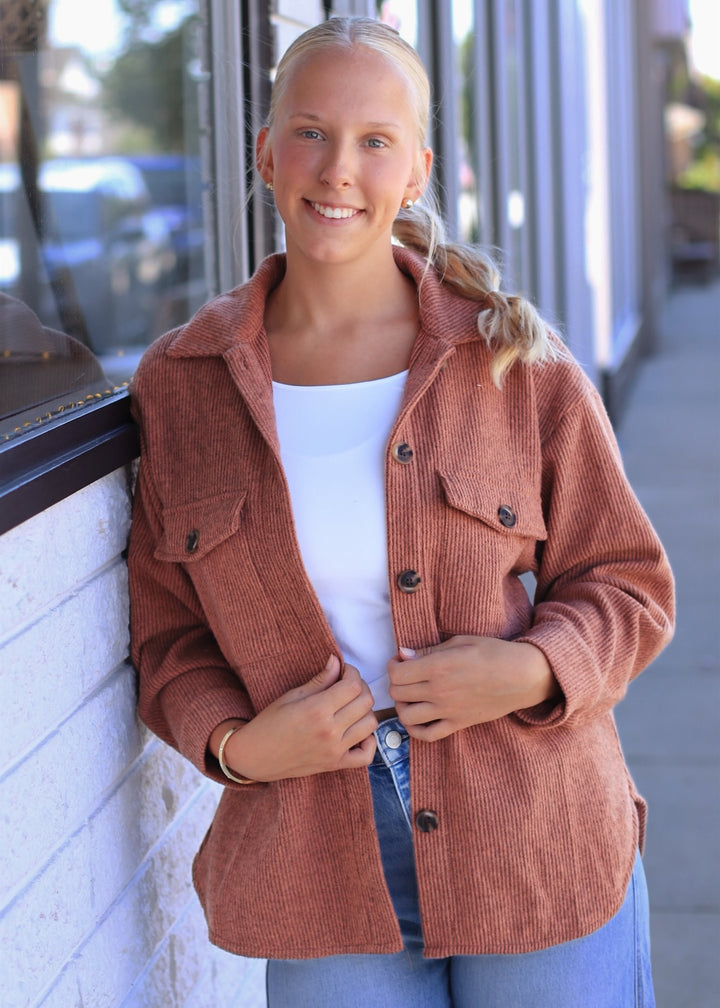 RESTOCK Fall Season Two Tone Shacket in Rust