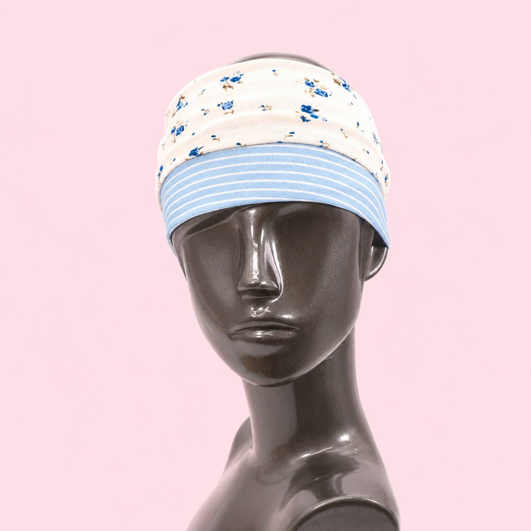 Blue Stripe &amp; Vintage Floral Printed Headband Set