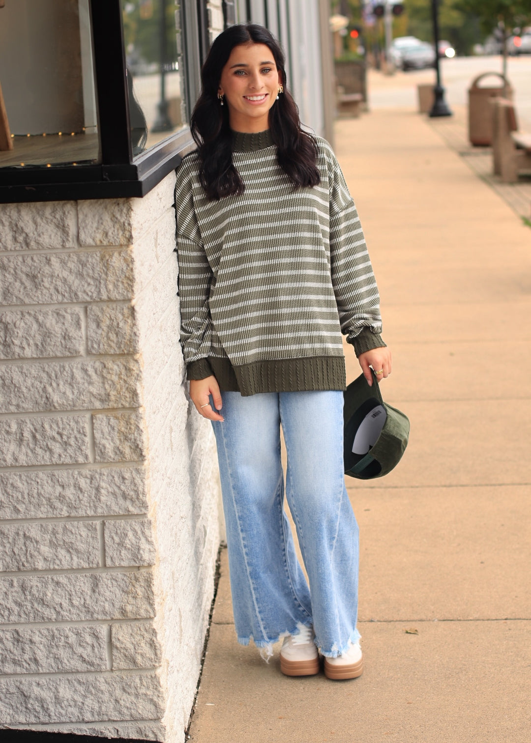Olive Striped Mock Neck Knit Top