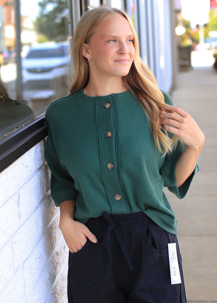 Button-Down Short Sleeve Waffle Top in Dark Green