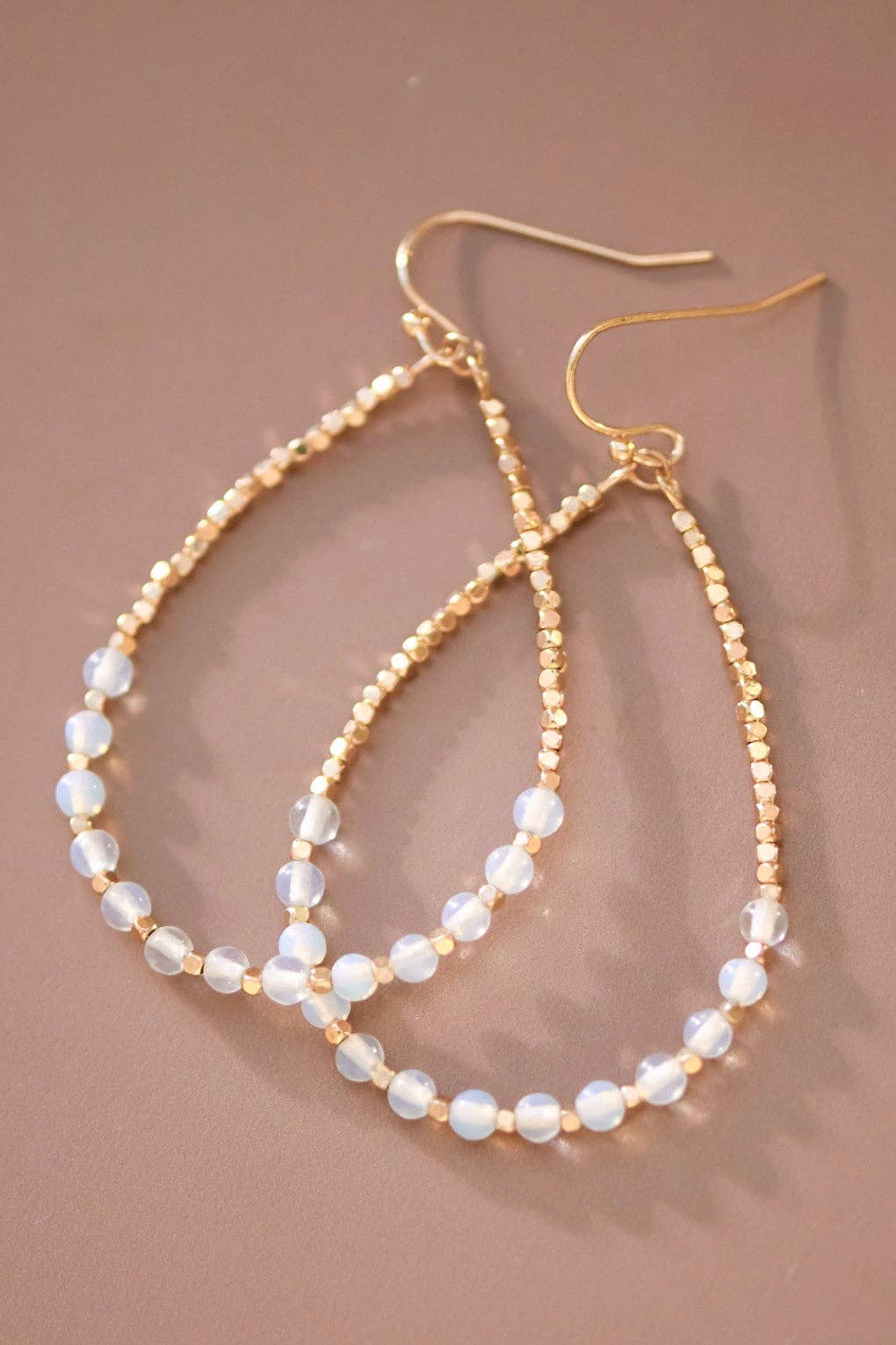 Opal Stone Beaded Teardrop Wire Earrings