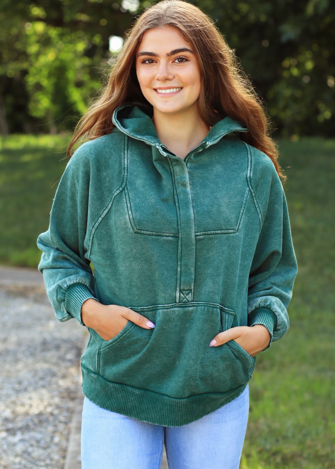 Deep Green Quarter Zip Acid Wash Fleece Oversized