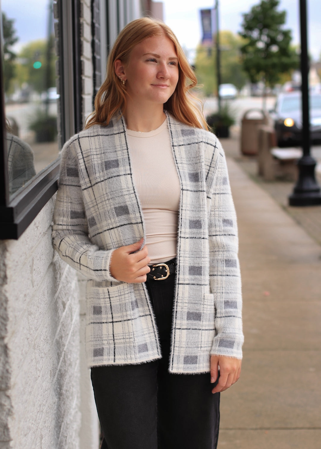 The Birch Open Front Cardigan in Ivory/Grey