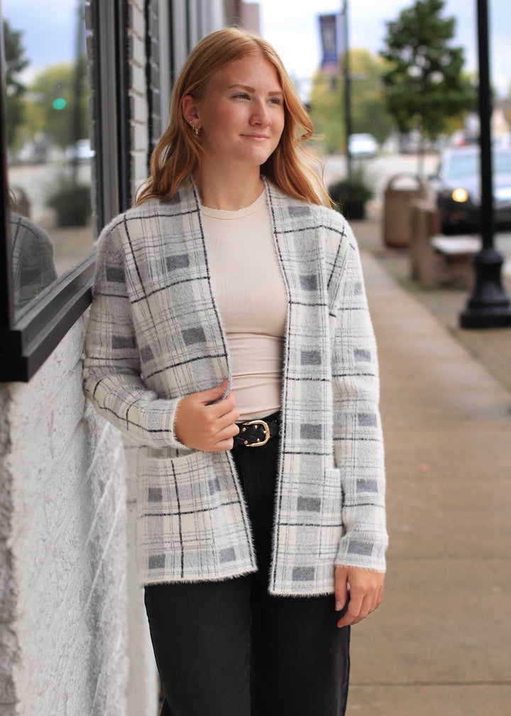 The Birch Open Front Cardigan in Ivory/Grey