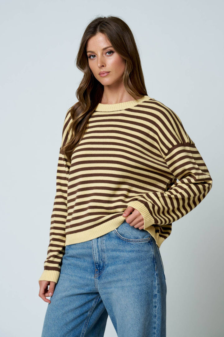 Oatmeal &amp; Brown Stripe Back Button Sweater