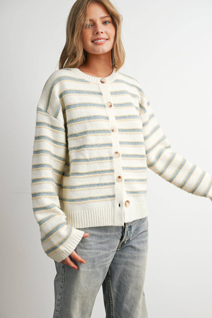 Ivory Multi Stripe Button-Up Cardigan