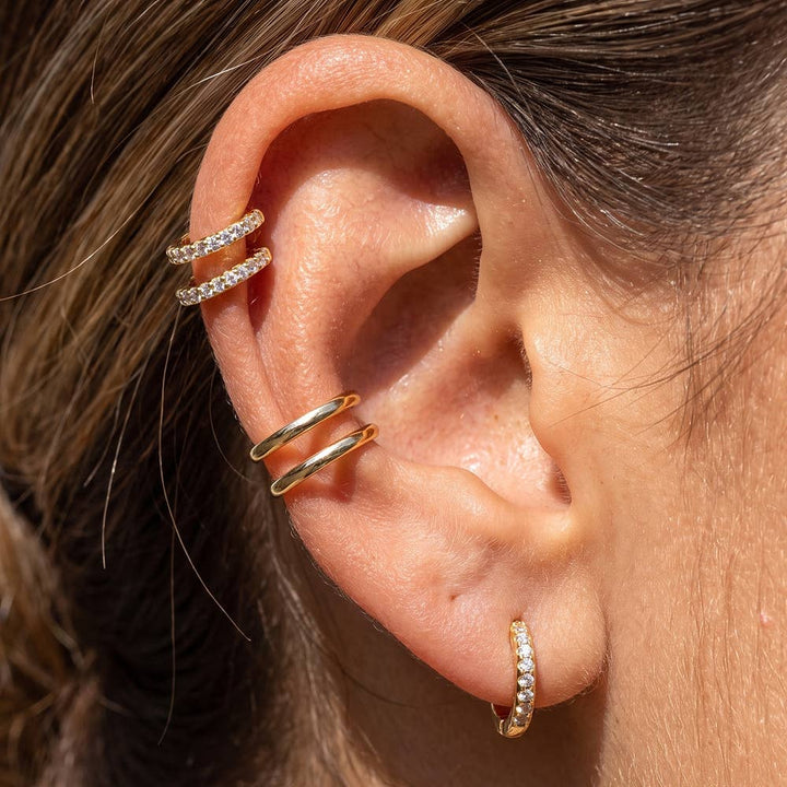 18K Gold Dipped Cz Pave Double Bar Huggie Earring Set