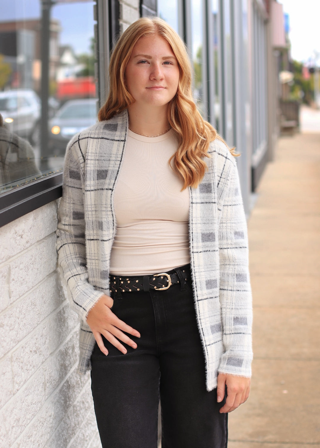 The Birch Open Front Cardigan in Ivory/Grey
