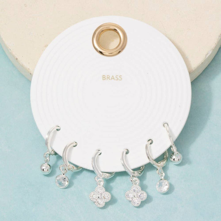 Cz Clover And Ball Charm Hoop Earring Set