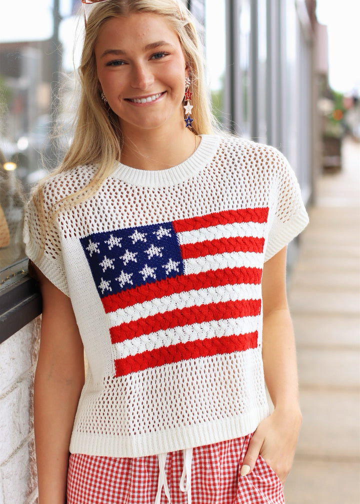 American Flag Open Stitch Sweater Top