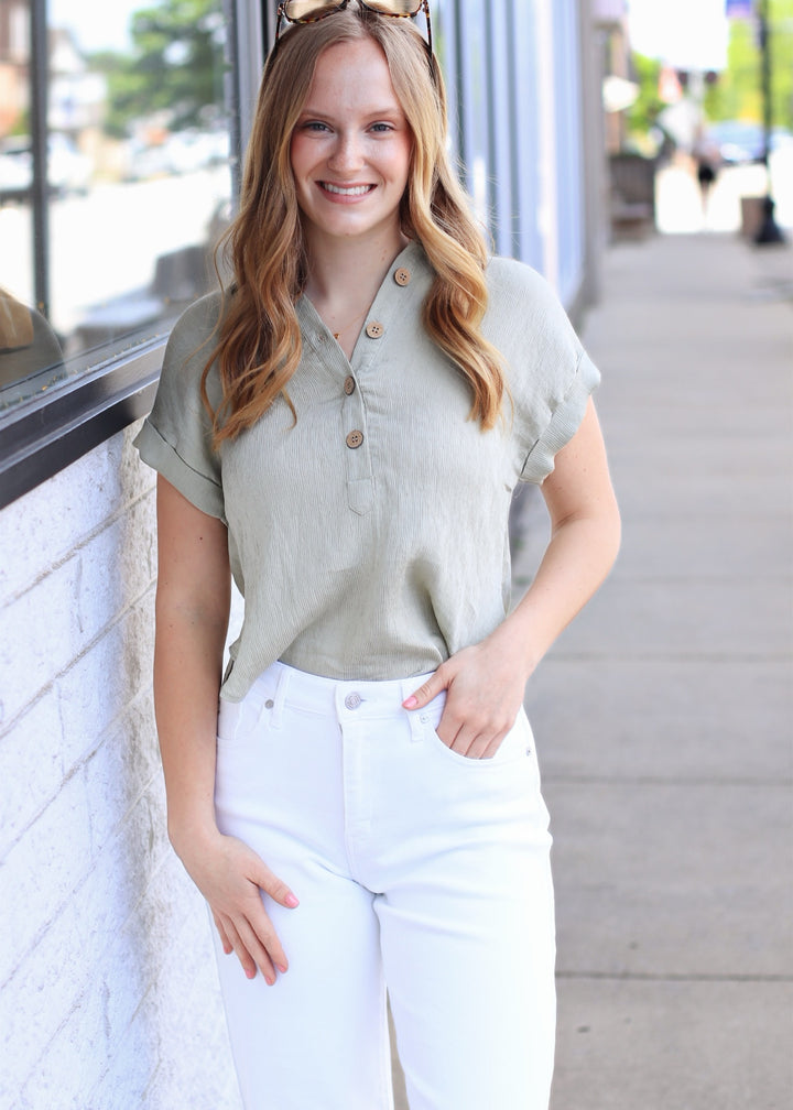 Olive Grove Cuff Sleeve Linen Top