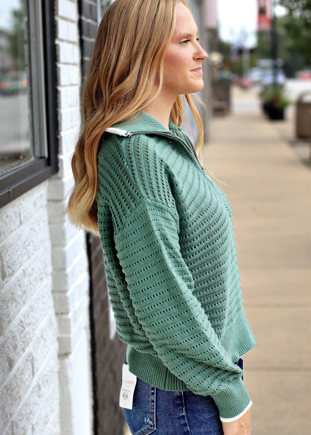 Mountain Air Crochet Texture Half-zip Cotton Blend Sweater