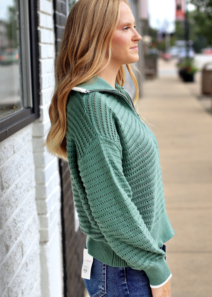Mountain Air Crochet Texture Half-zip Cotton Blend Sweater