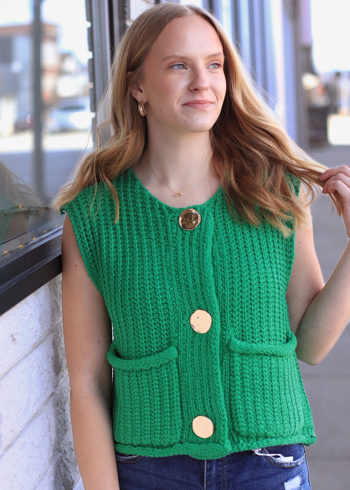 The Collins Gold Button Sweater Vest in Green