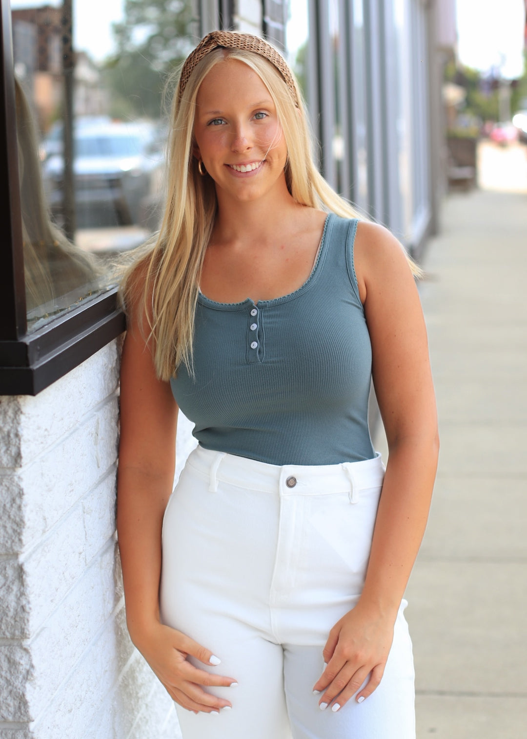 Ribbed Scoop Neck Button Front Tank Top