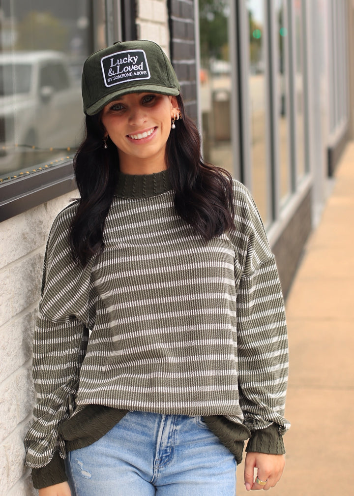 Olive Striped Mock Neck Knit Top