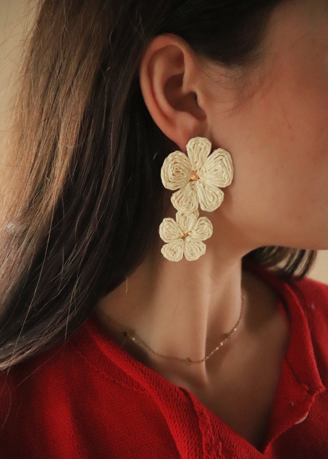 Double Straw Braided Flower Dangle Earrings