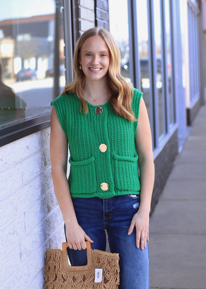 The Collins Gold Button Sweater Vest in Green
