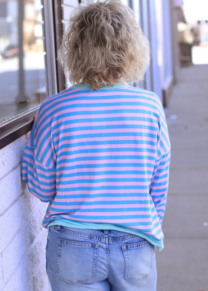 The Stevie Stripe Pullover in Teal/Blush