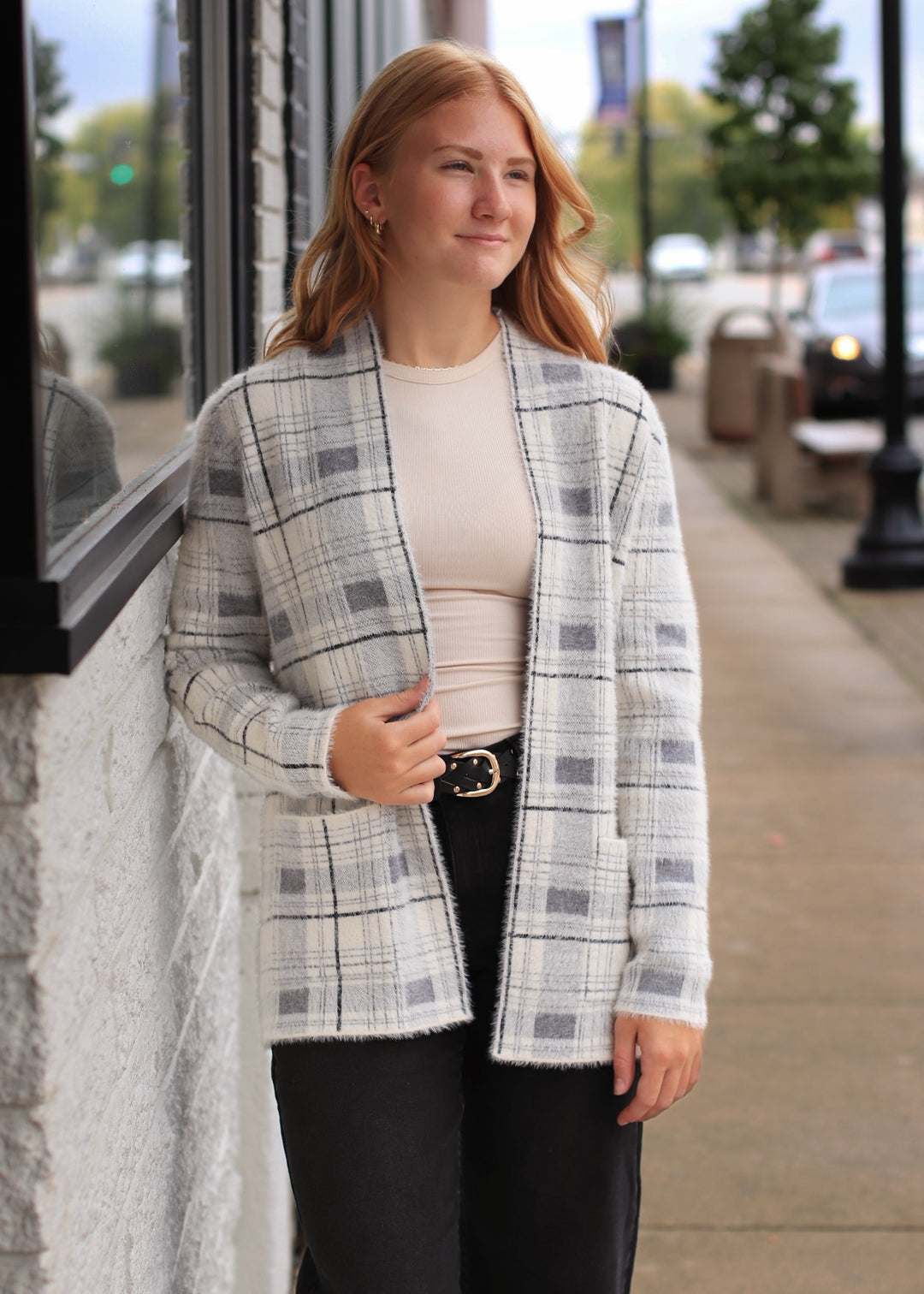 The Birch Open Front Cardigan in Ivory/Grey