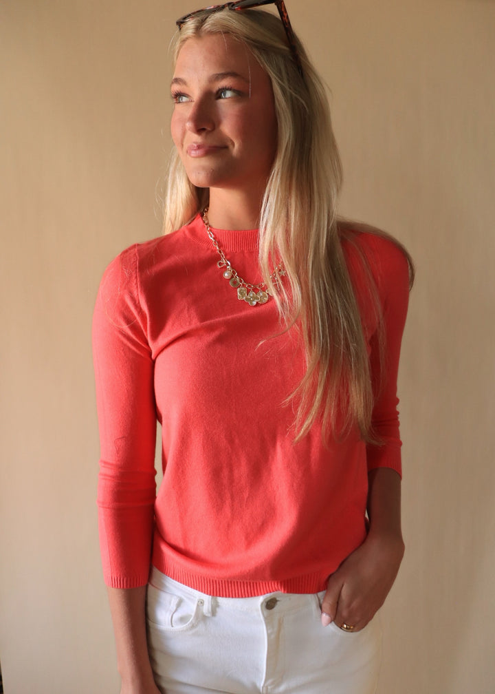 Coral Pink Fine Gauge Pullover Mock Neck