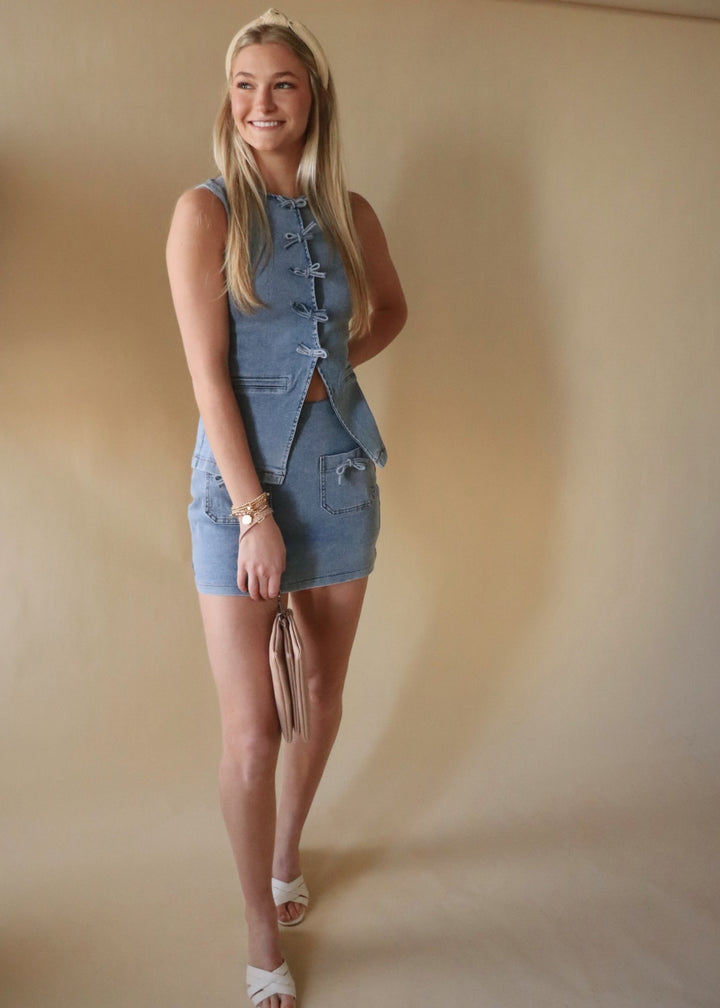 Denim Vest With Snap Button And Ribbon Bow