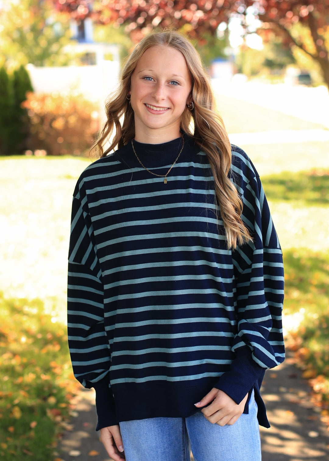 Striped Mock Neck Sweatshirt- Navy/Green