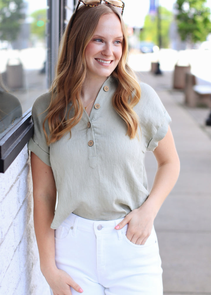 Olive Grove Cuff Sleeve Linen Top