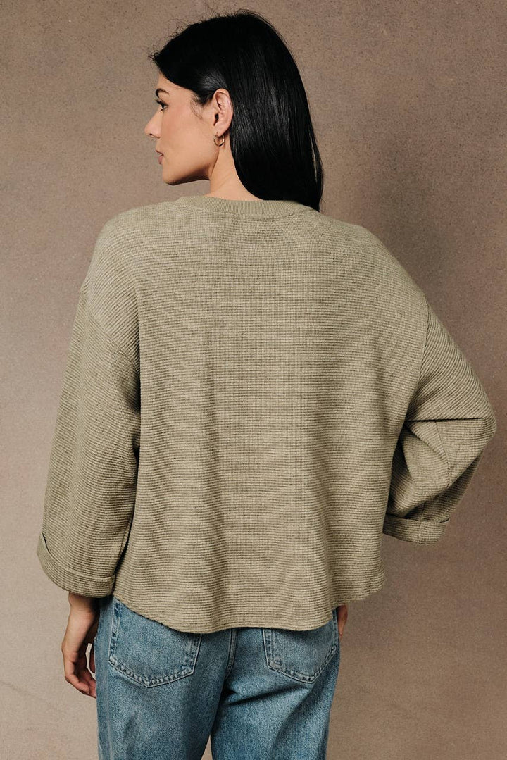 Round Neck 3/4 Cuffed Sleeve Pocket Ribbed Knit Top