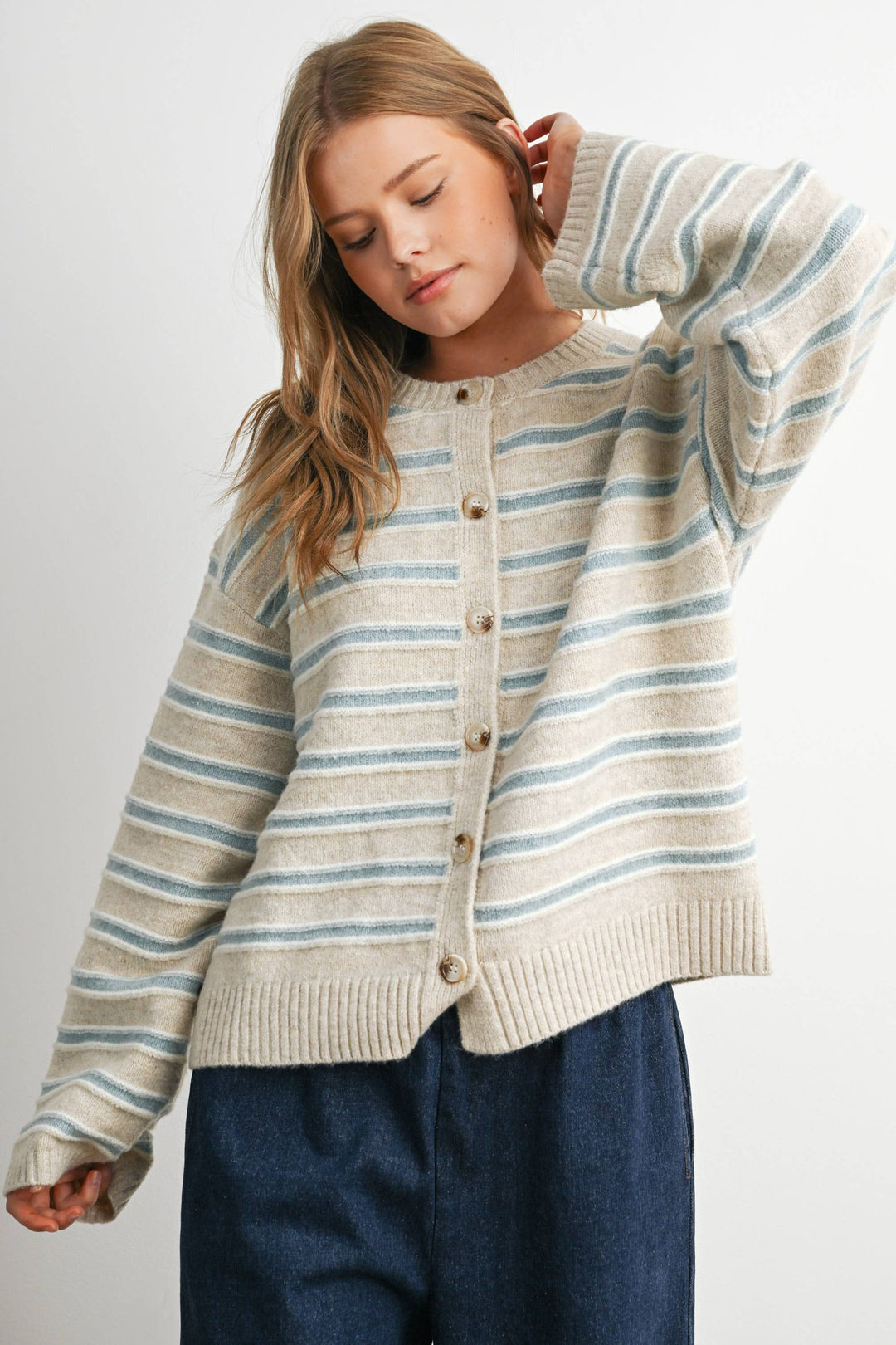Ivory Multi Stripe Button-Up Cardigan