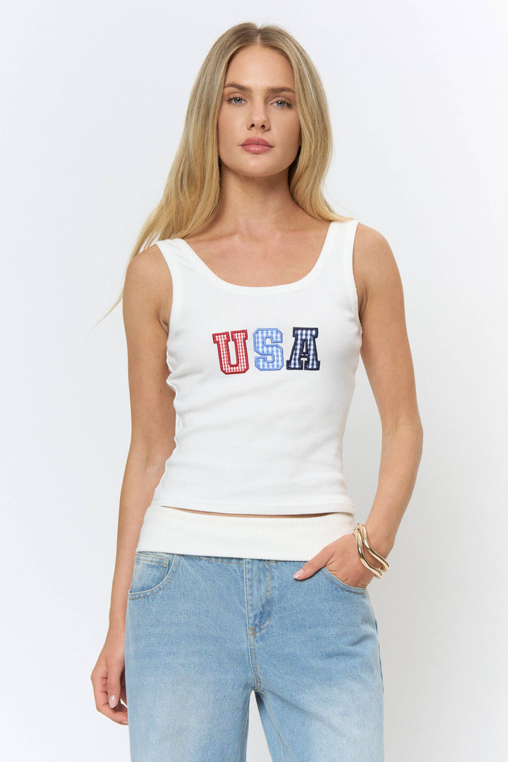 Gingham USA Tank Top in Off White
