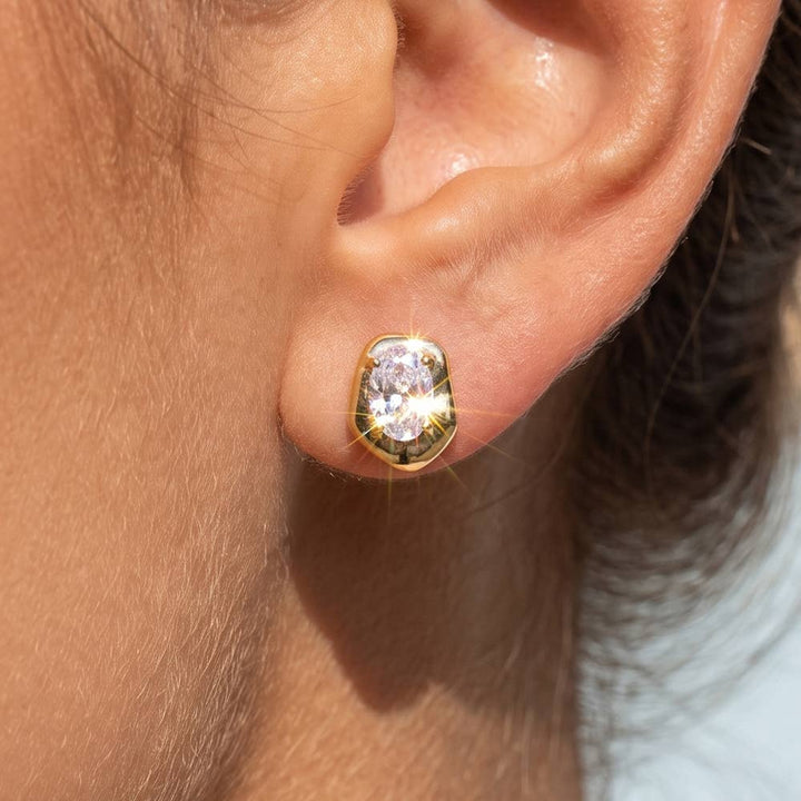 18K Gold Dipped Oval Cz Molten Frame Stud Earrings