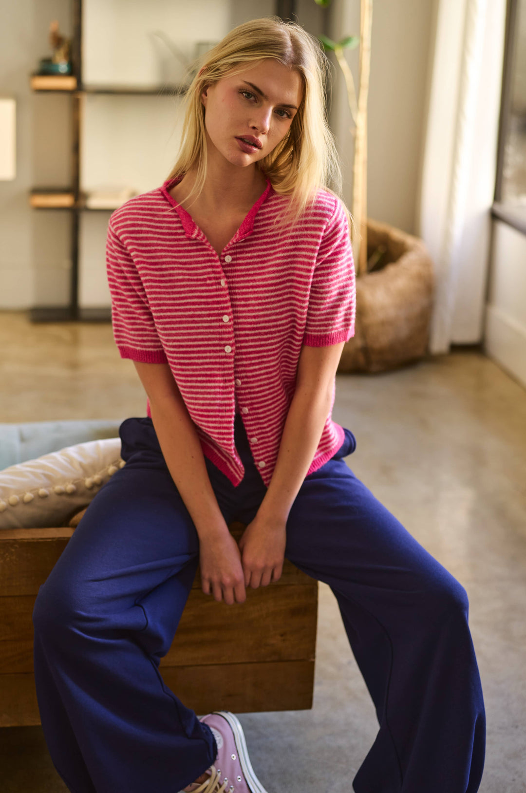 The Lucy Stripe Cardigan in Navy