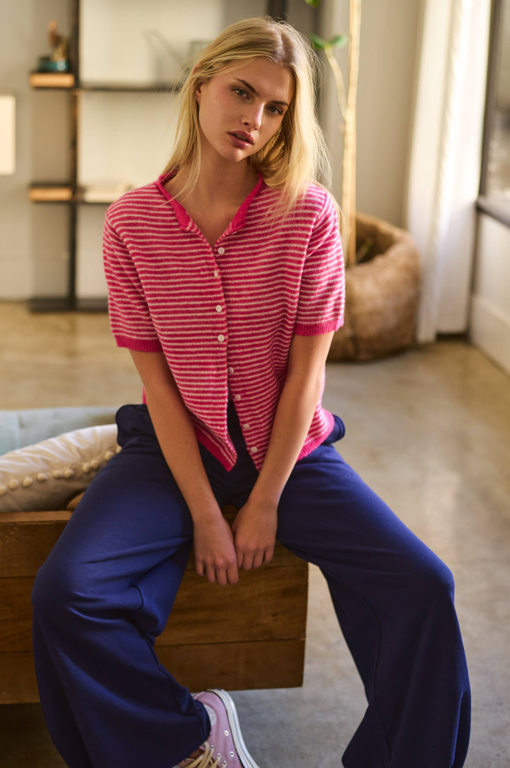 The Lucy Stripe Cardigan in Navy