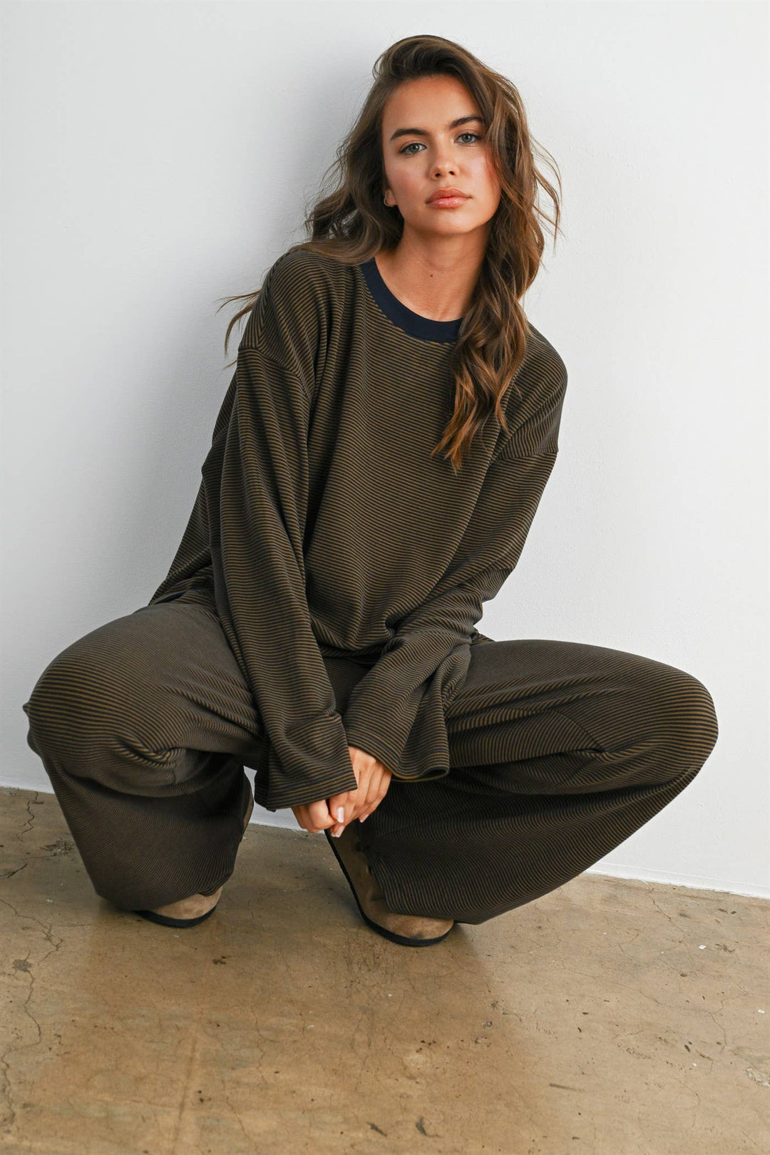 Navy &amp; Olive Striped Long-Sleeve Crewneck Shirt