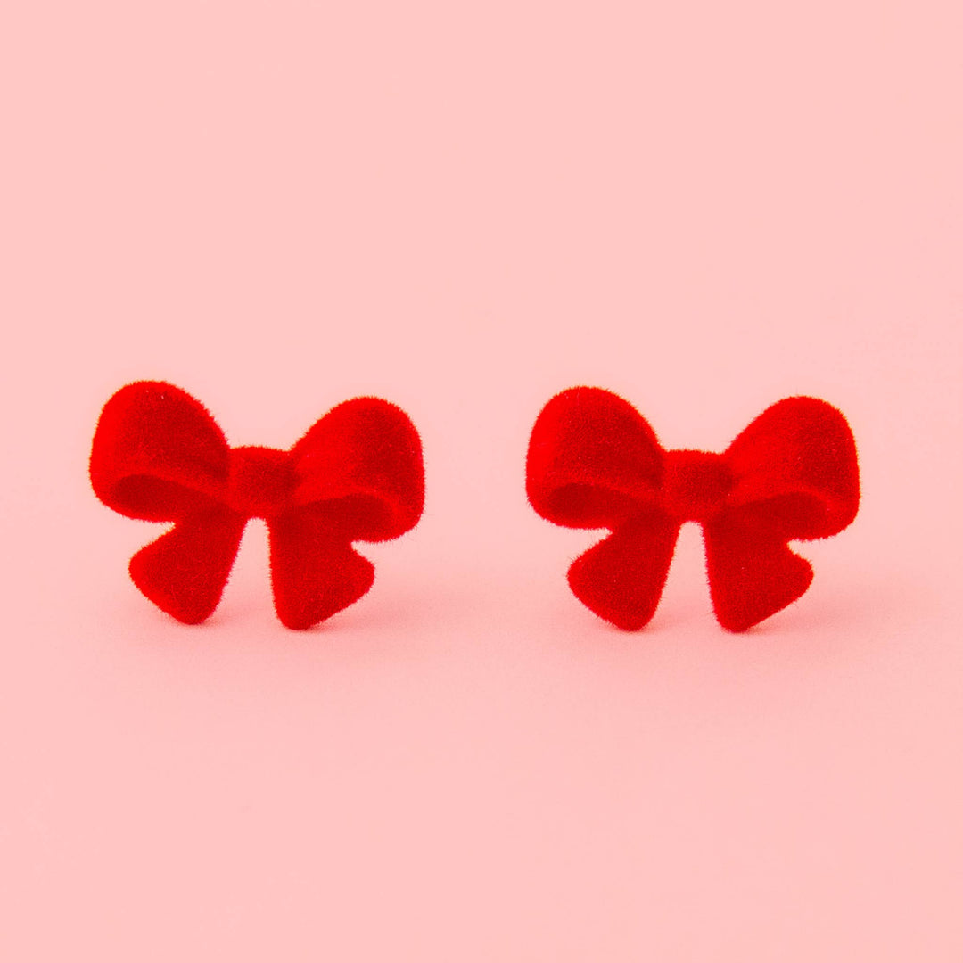 Flocked Bow Earring in Red