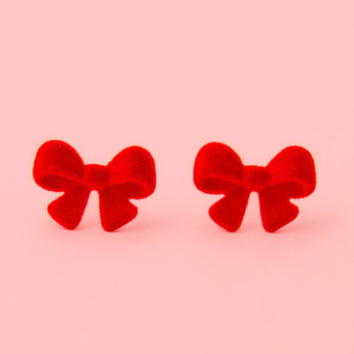 Flocked Bow Earring in Red