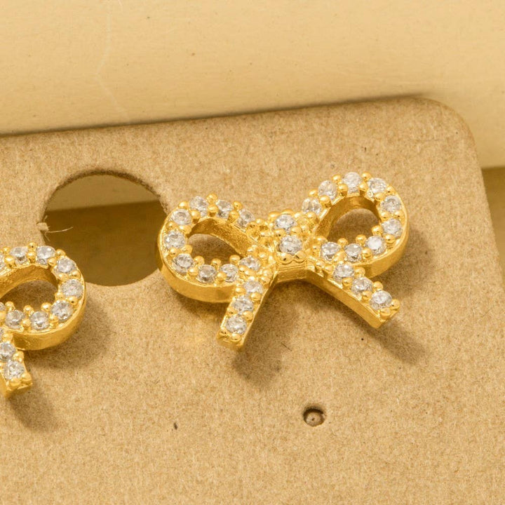 Gold Dipped Cz Pave Ribbon Bow Stud Earrings