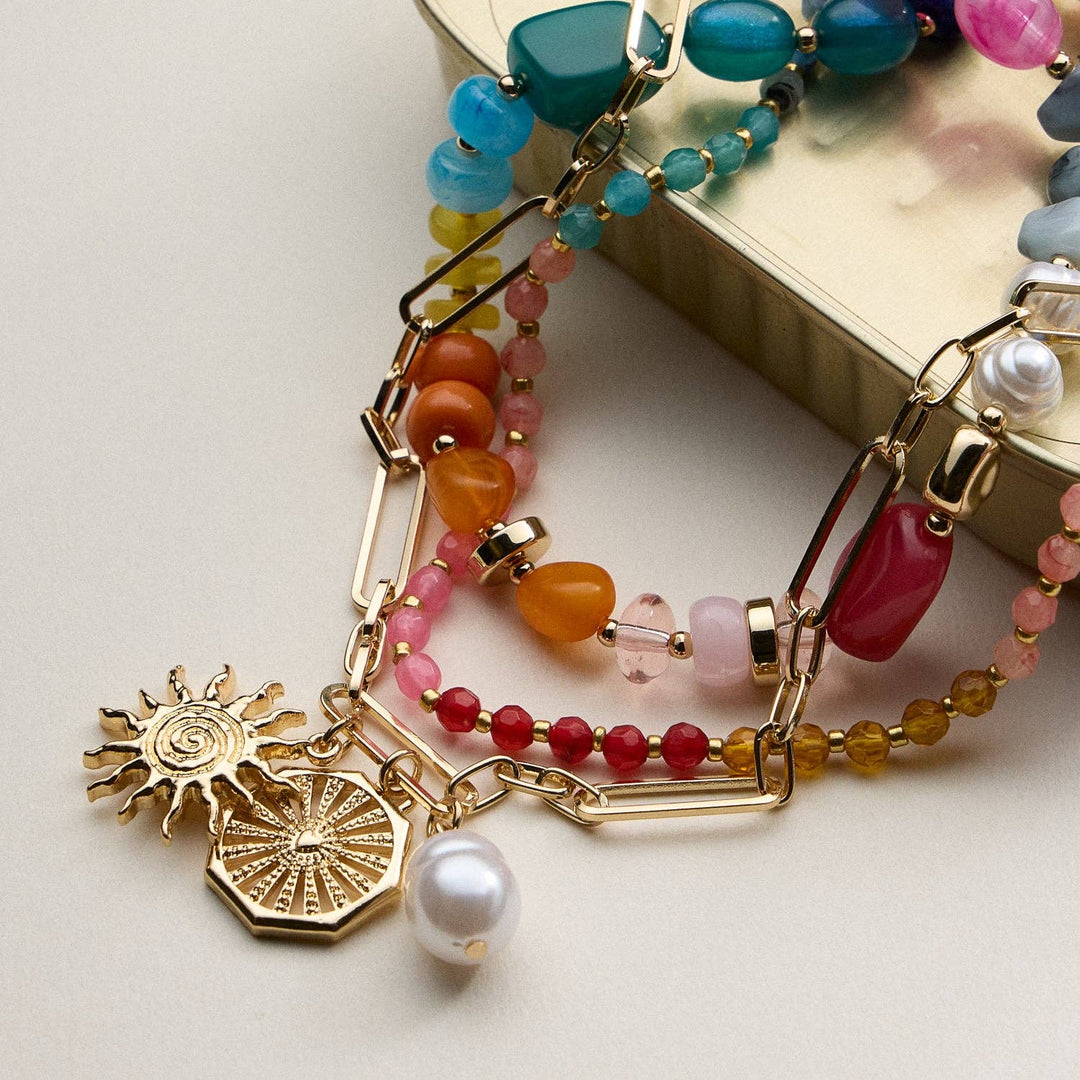 Layered Beaded and Chain Necklace with Sun and Pearl Charms | Gold Accent Design