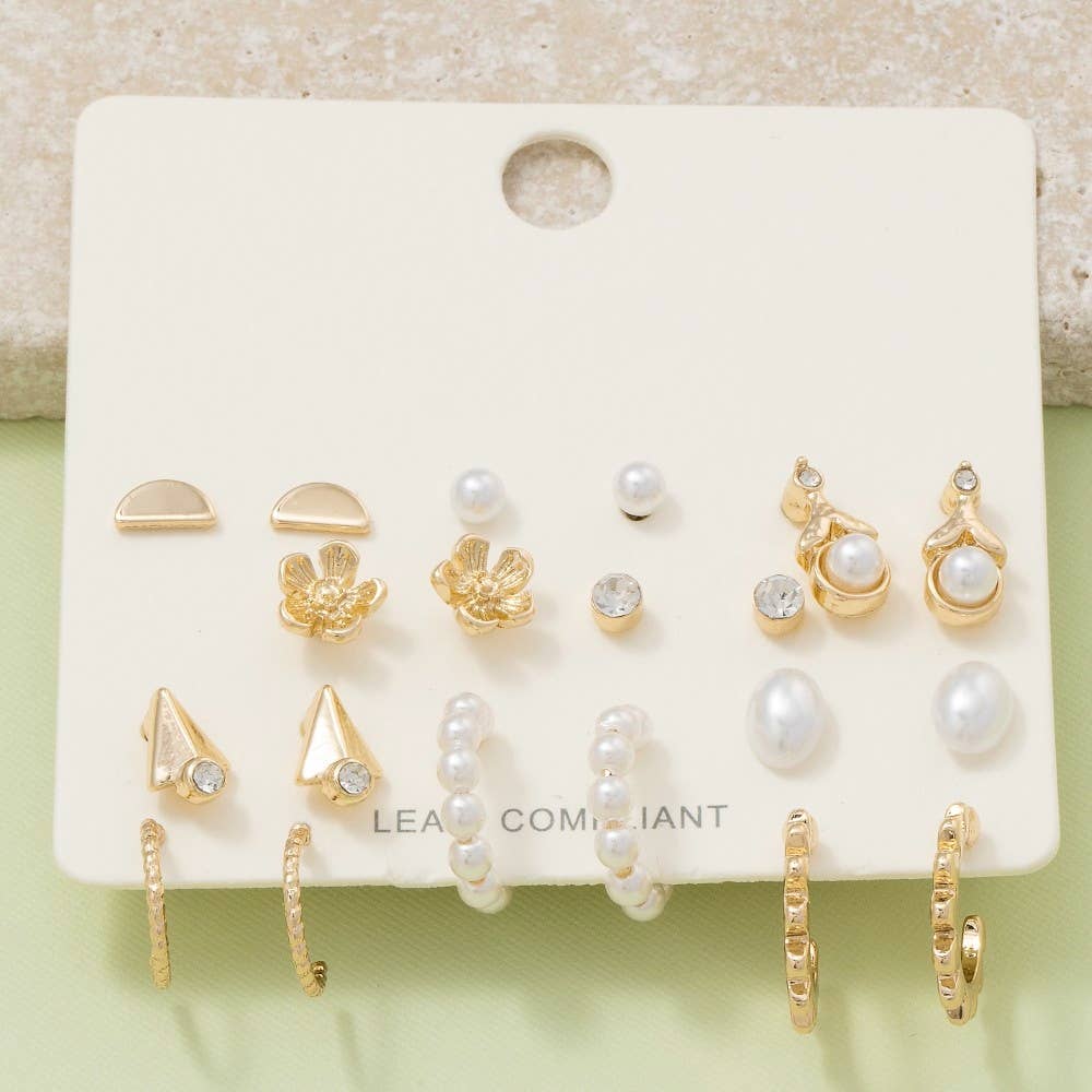 Mixed Pearl And Metallic 10 Pair Earrings Set