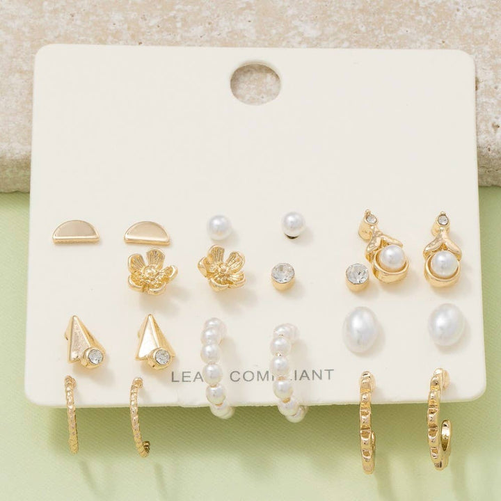 Mixed Pearl And Metallic 10 Pair Earrings Set