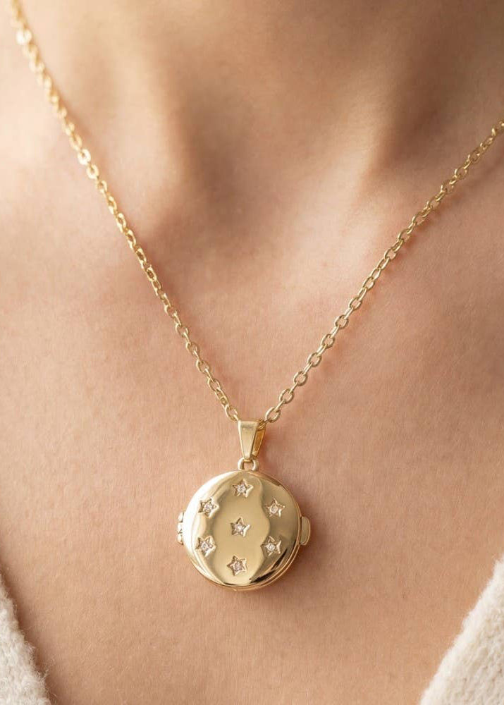 14K Gold Dipped Cz Star Round Locket Necklace