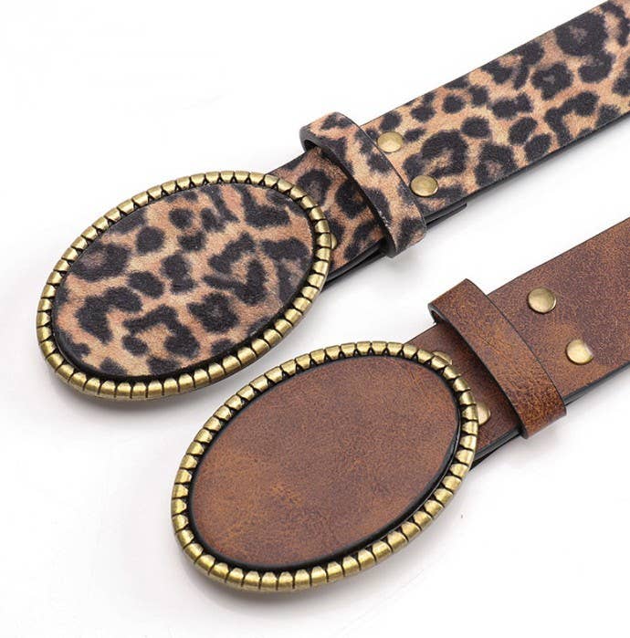 Western Oval Buckle Faux Leather &amp; Leopard Belt | 40BT660