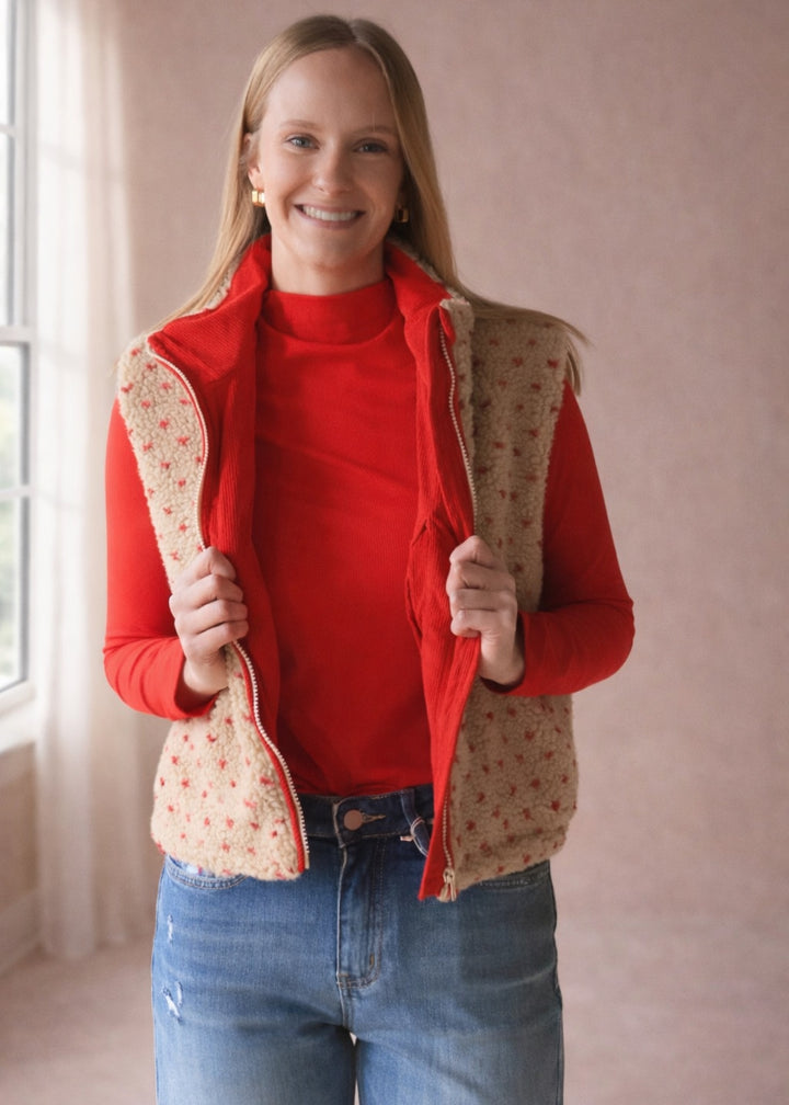 CLEARANCE FINAL SALE  Floral Fleece Sleeveless Vest in Cream/Red