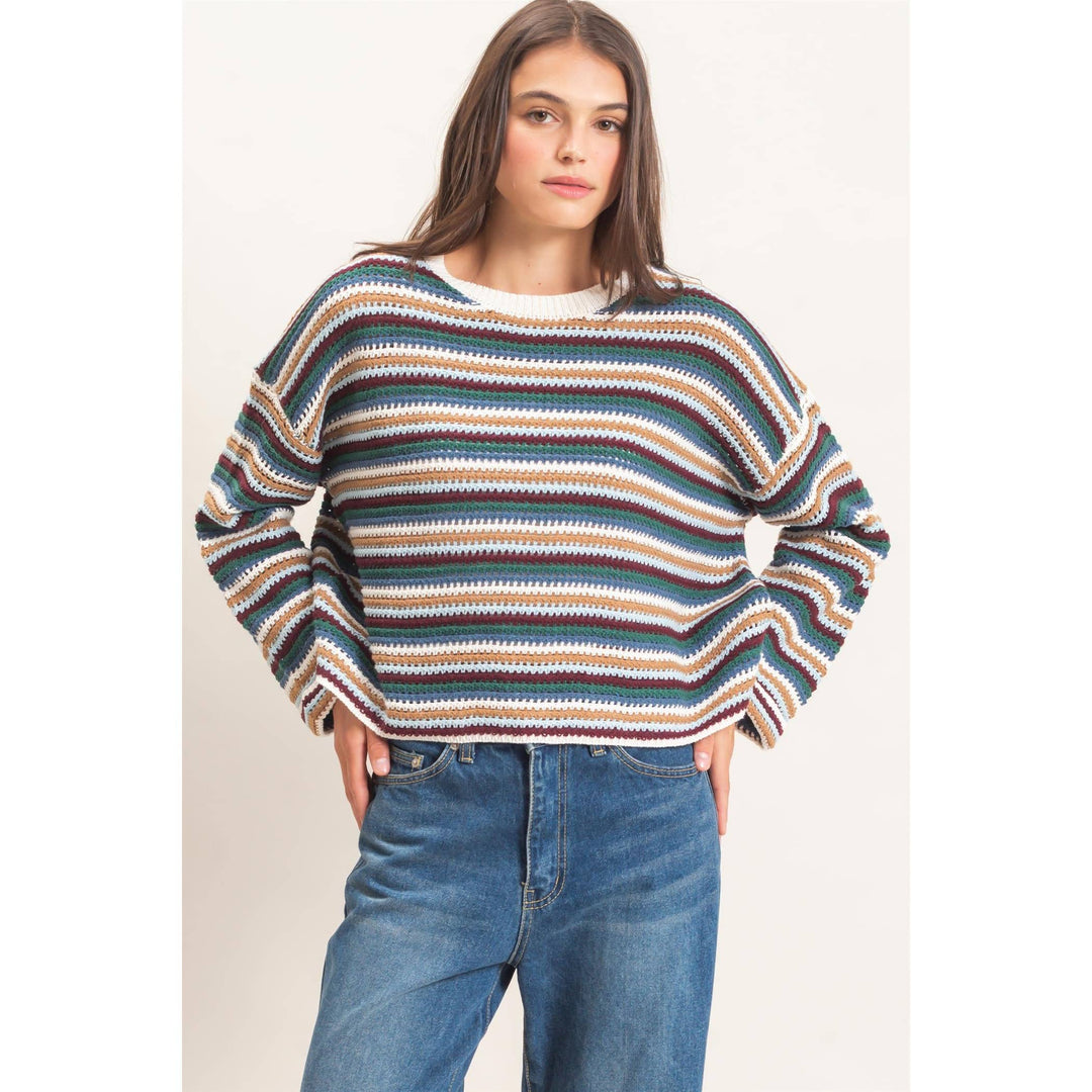 Ecru Combo Striped Boat Neck Sweater