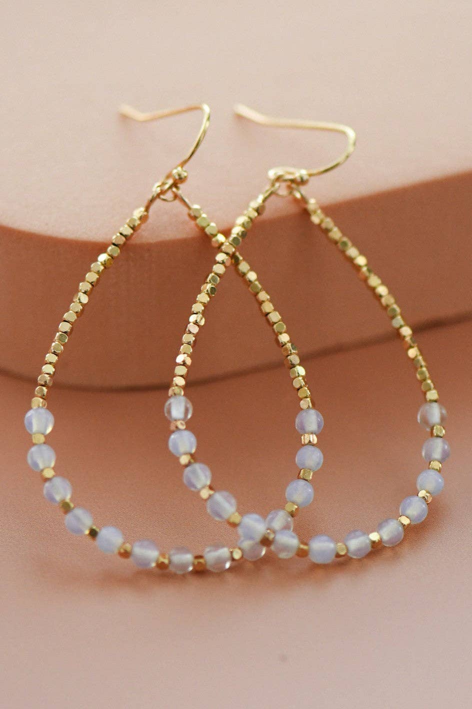 Opal Stone Beaded Teardrop Wire Earrings