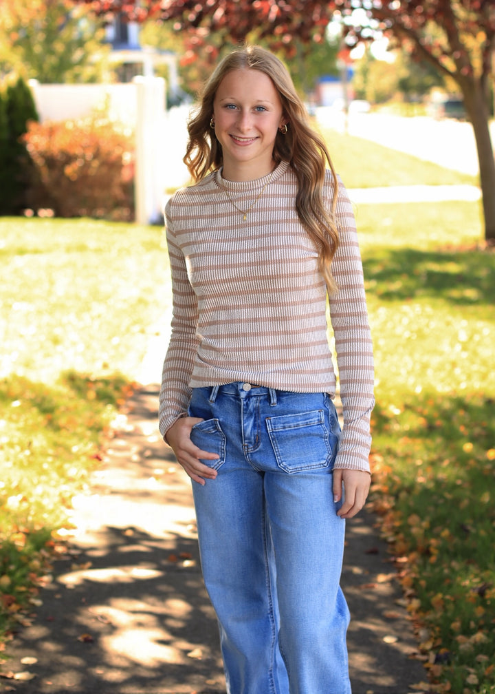 Taupe Striped Ribbed Knit Top
