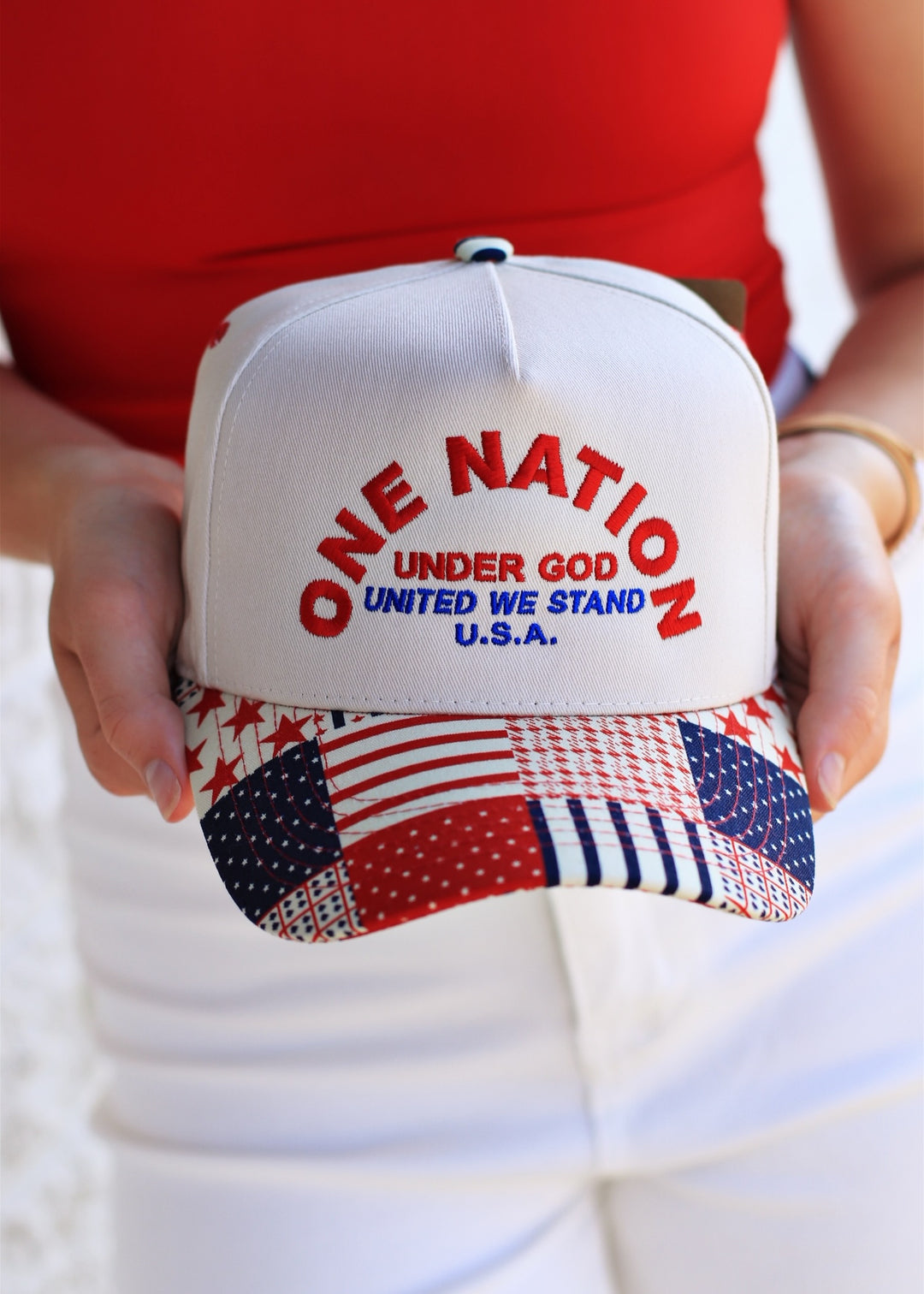 ONE NATION UNDER GOD Embroidered Patchwork Brim Trucker Hat