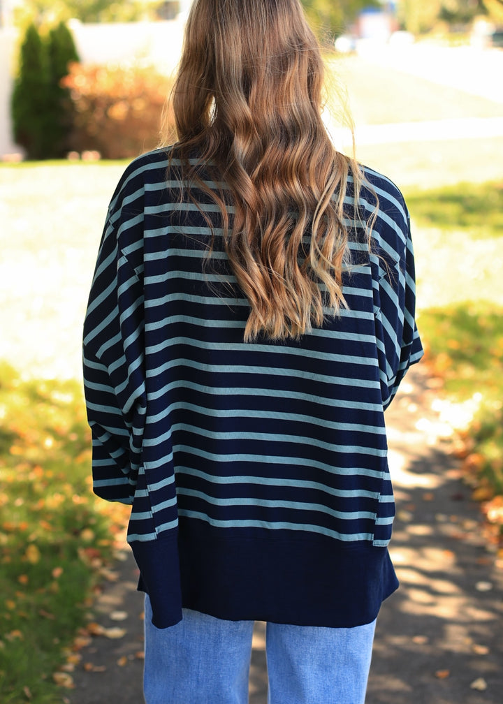 Striped Mock Neck Sweatshirt- Navy/Green
