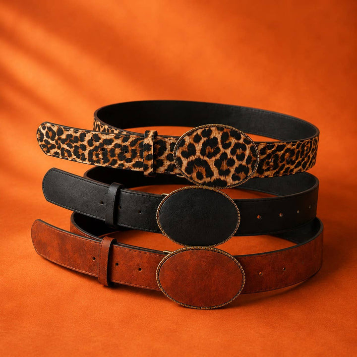Western Oval Buckle Faux Leather &amp; Leopard Belt | 40BT660